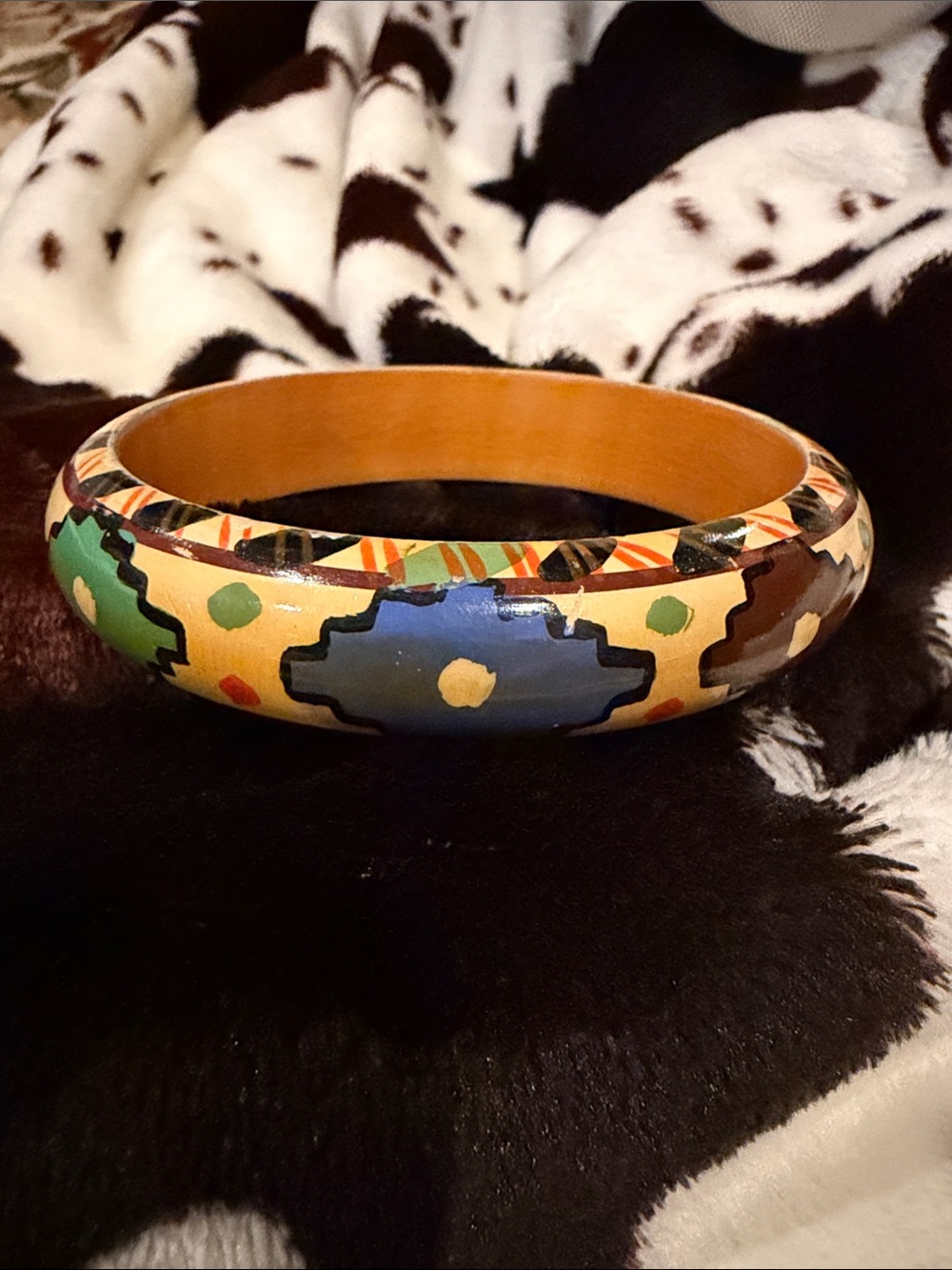 Hand-Painted Southwestern Wooden Bangle Bracelet - Yellow, Blue, Green